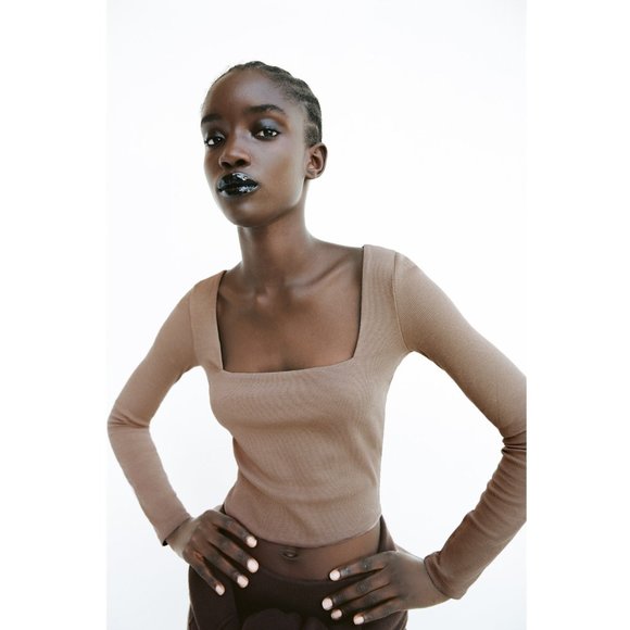 ZARA Women's Size Medium Light Brown Square Neck Long Sleeves Ribbed Crop Top M - Picture 1 of 11
